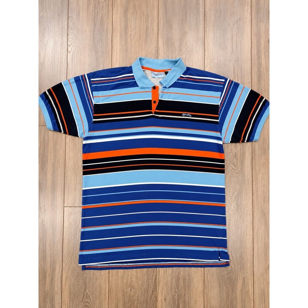 Vintage Paco Jeans Striped Polo Shirt Blue Orange Embroidered Logo Men's 3XL